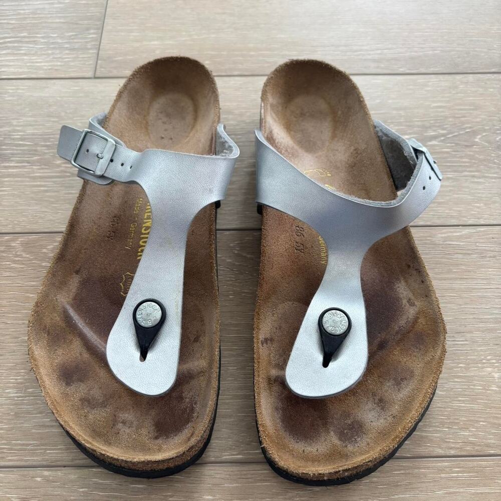 Birkenstock Silver Gizeh Birki Birko-Flor Thong Sandals Sz 40 US 9